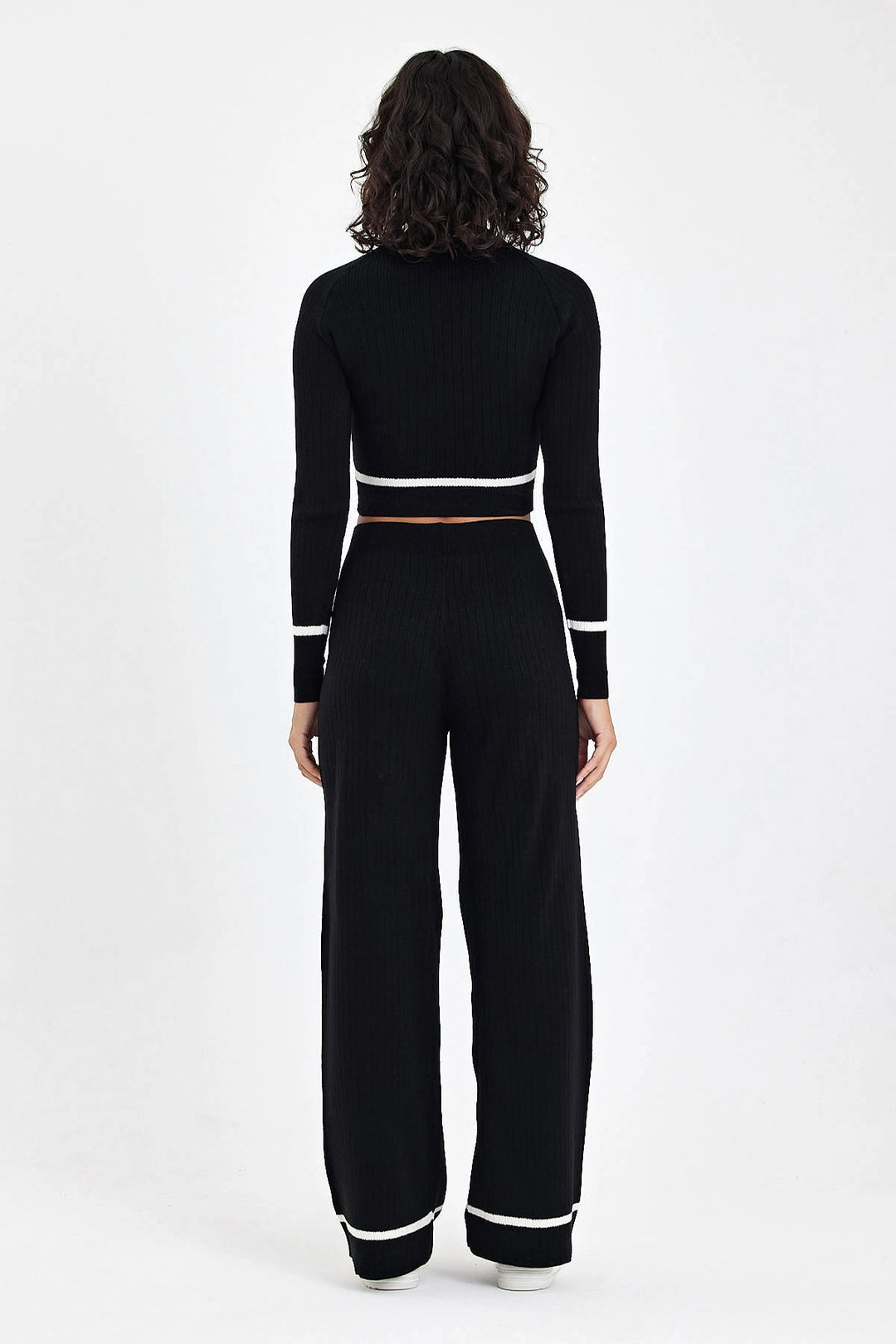 Black Bicycle Collar Striped Crop Top and Palazzo Pants Knit Top Set BCVL-T243141 - Borken