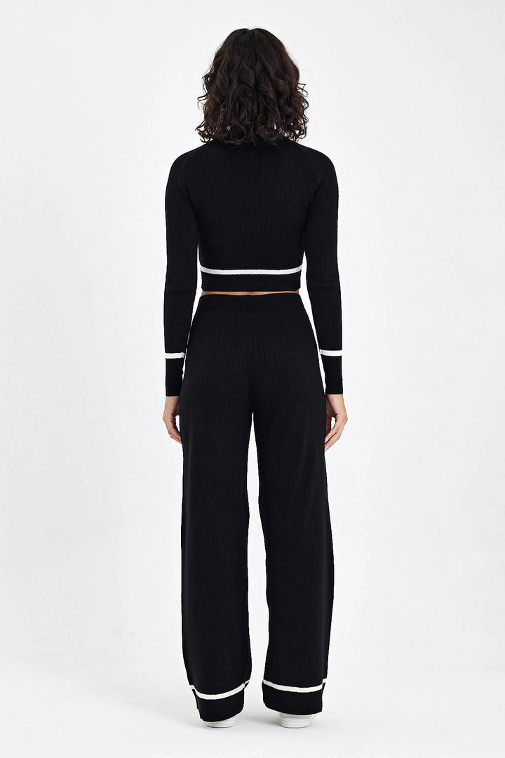 Black Bicycle Collar Striped Crop Top and Palazzo Pants Knit Top Set BCVL-T243141 - Borken