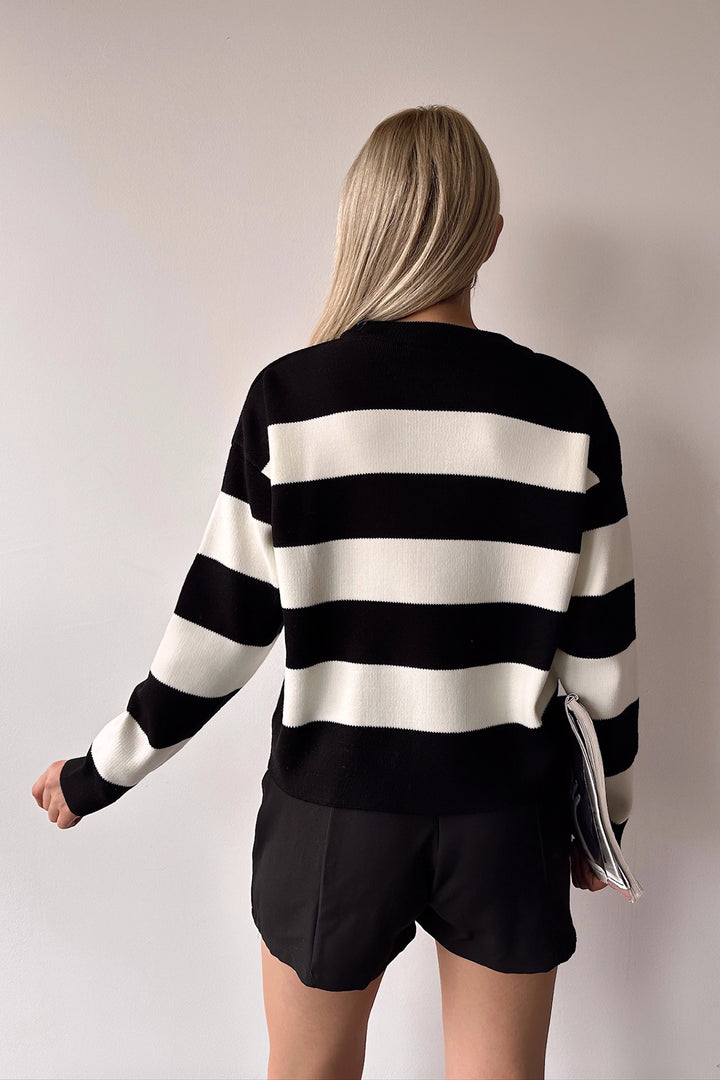 Black Bicycle Neck Striped Soft Textured Basic Knit Sweater BC231035 - Vicenza