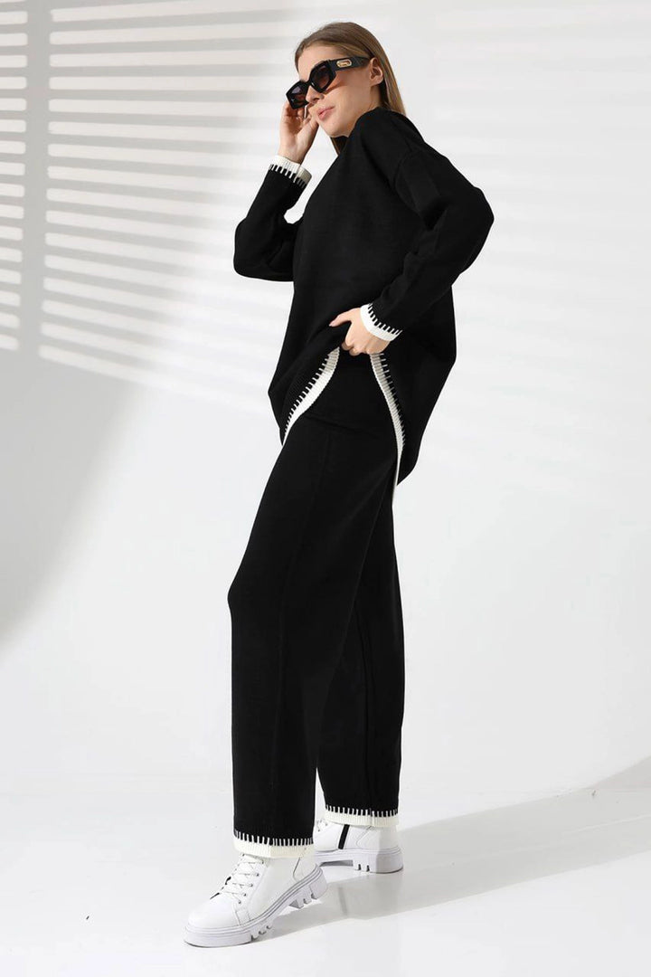 Black Bicycle Collar Shepherd Stitched Sweater and Palazzo Knitwear Set BCES-241004 - Homburg