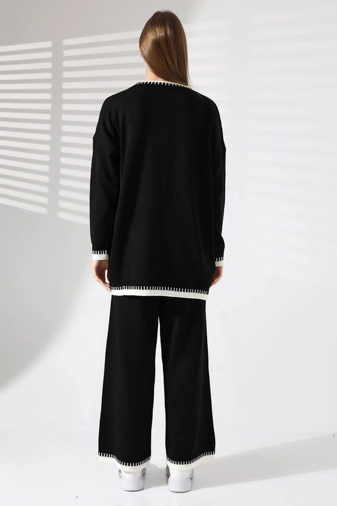 Black Bicycle Collar Shepherd Stitched Sweater and Palazzo Knitwear Set BCES-241004 - Homburg