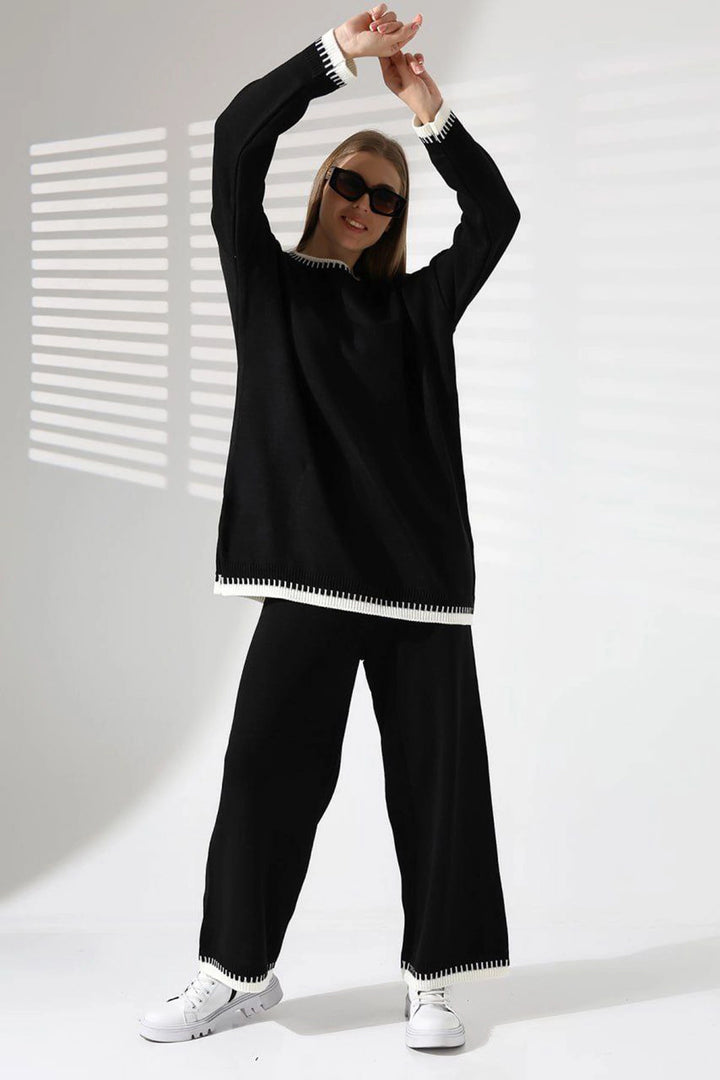 Black Bicycle Collar Shepherd Stitched Sweater and Palazzo Knitwear Set BCES-241004 - Homburg