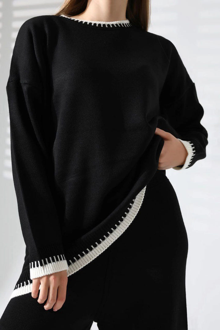 Black Bicycle Collar Shepherd Stitched Sweater and Palazzo Knitwear Set BCES-241004 - Homburg