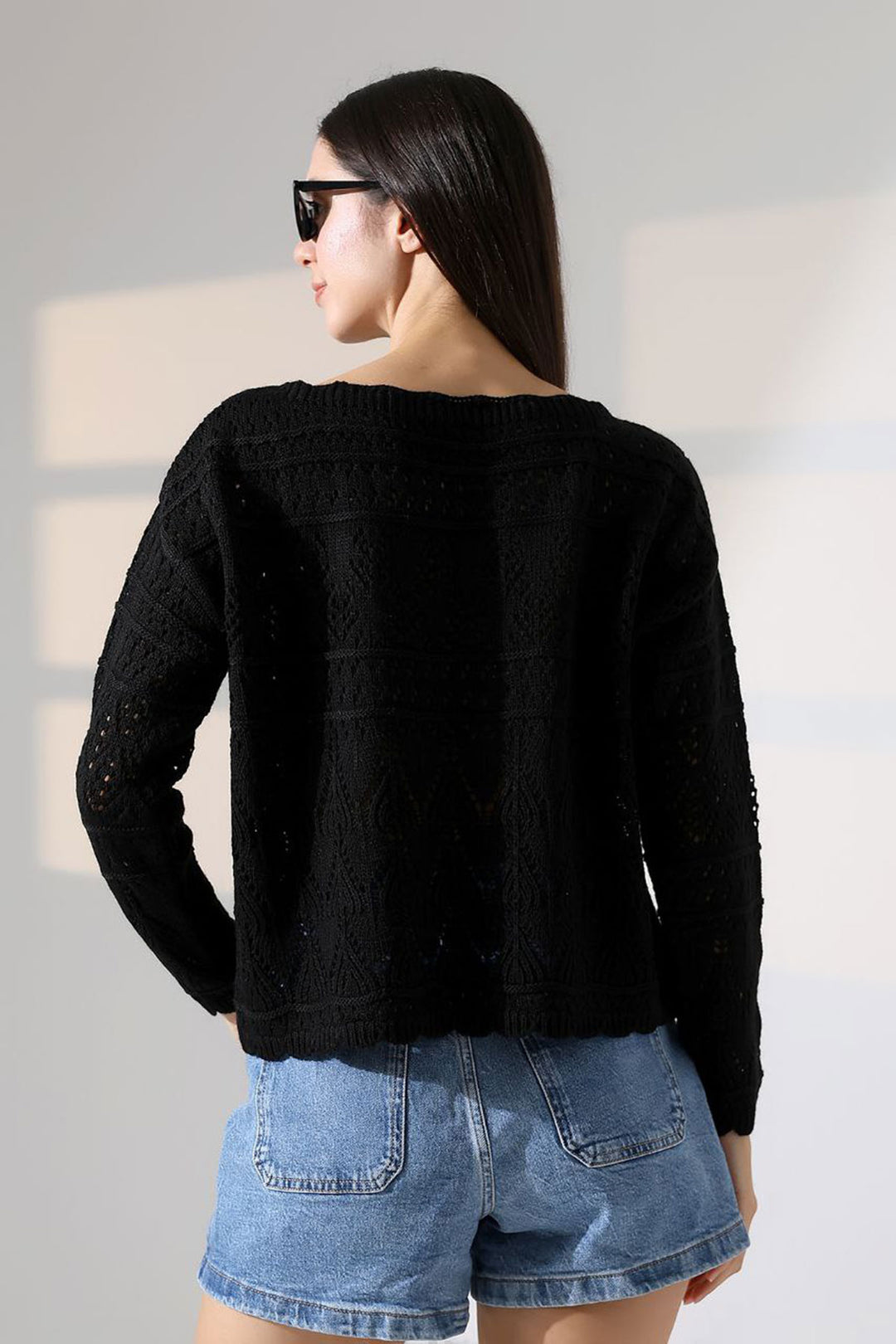 Black Bicycle Collar Lace Patterned Knit Sweater BCES-252043 - Cagliari