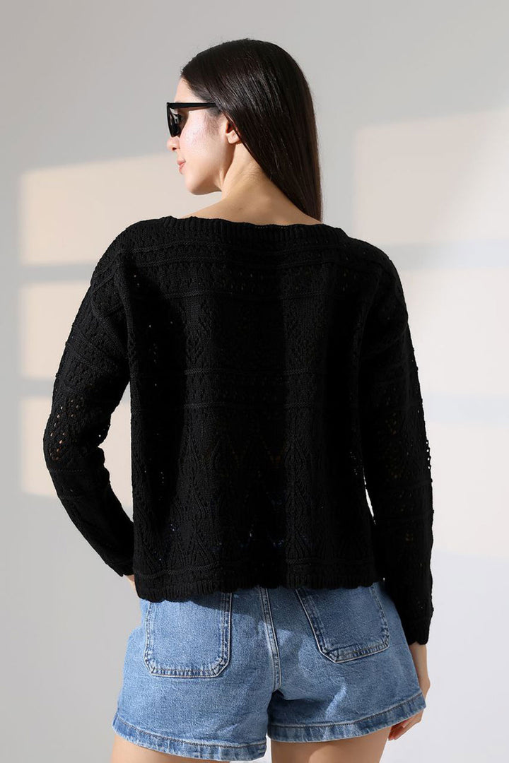 Black Bicycle Collar Lace Patterned Knit Sweater BCES-252043 - Cagliari