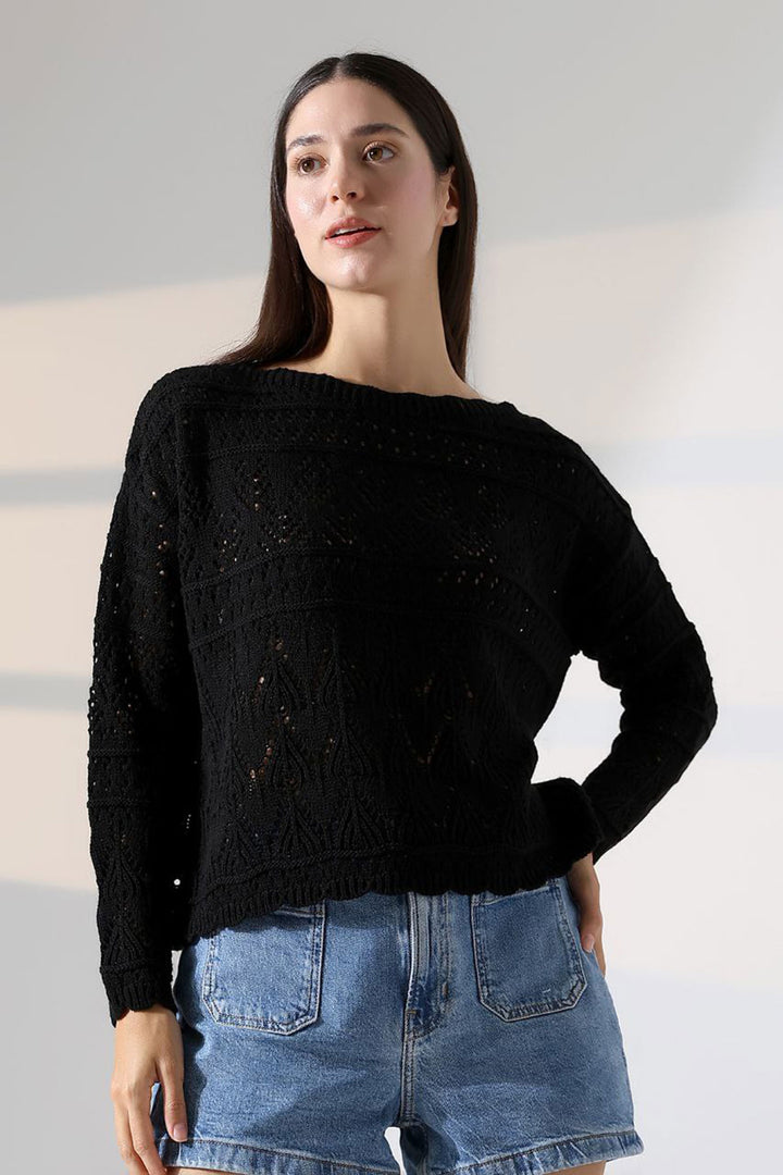 Black Bicycle Collar Lace Patterned Knit Sweater BCES-252043 - Cagliari
