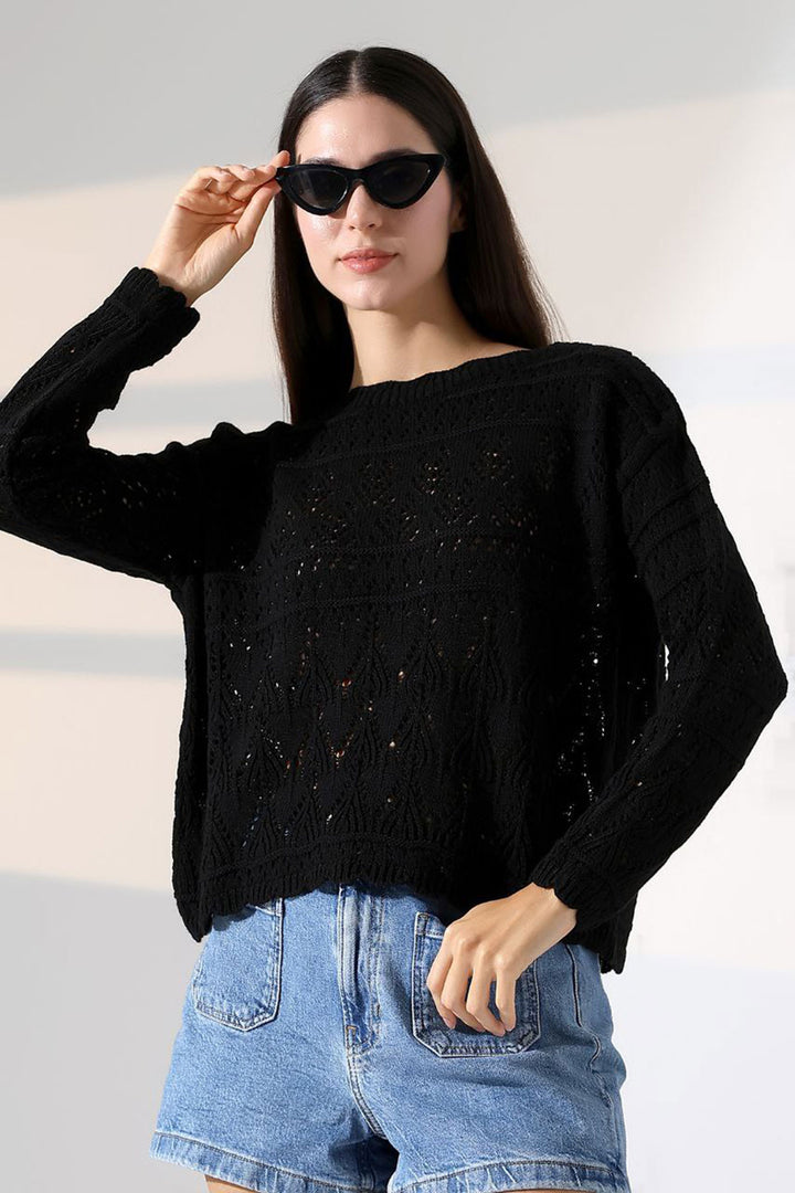 Black Bicycle Collar Lace Patterned Knit Sweater BCES-252043 - Cagliari