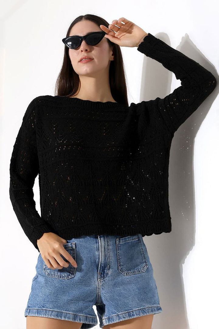 Black Bicycle Collar Lace Patterned Knit Sweater BCES-252043 - Cagliari