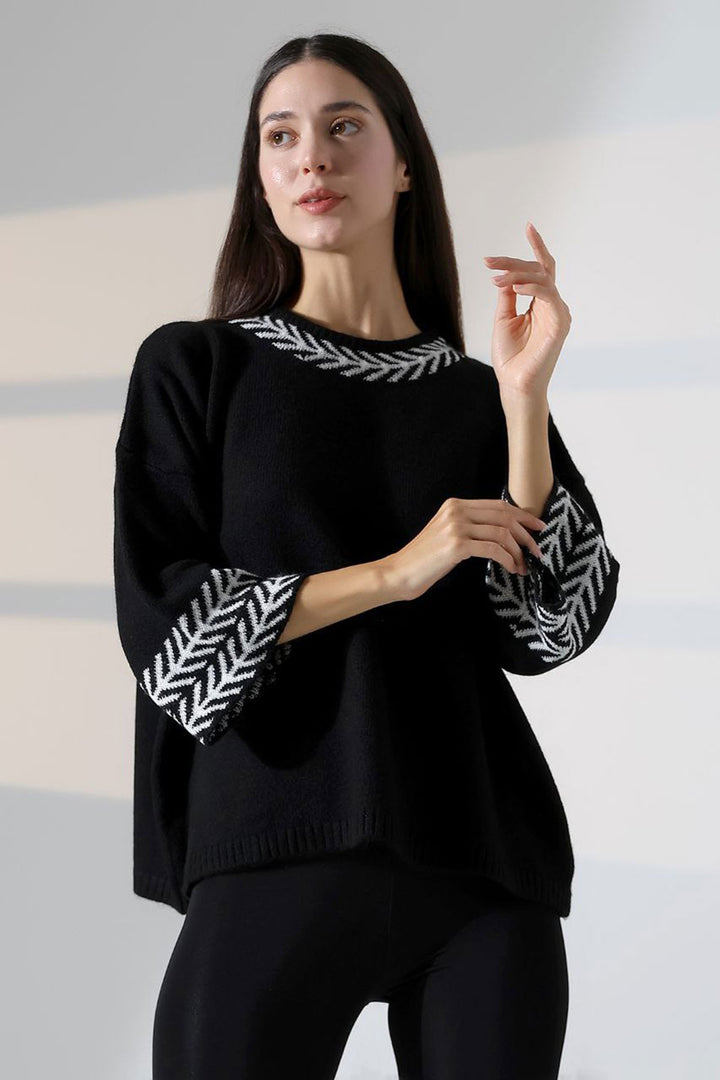 Black Bicycle Collar Patterned Sweater BCES-252038 - Thérmi