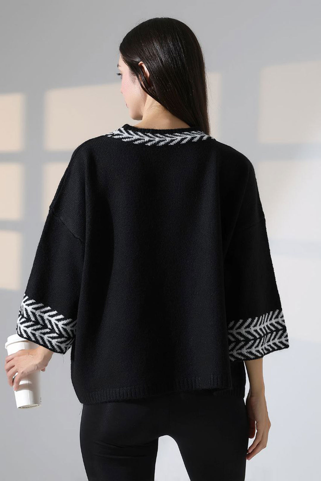 Black Bicycle Collar Patterned Sweater BCES-252038 - Thérmi