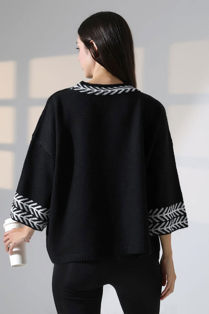 Black Bicycle Collar Patterned Sweater BCES-252038 - Thérmi