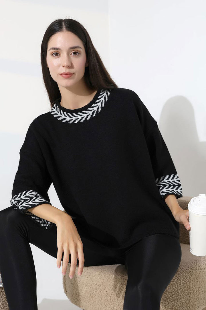 Black Bicycle Collar Patterned Sweater BCES-252038 - Thérmi