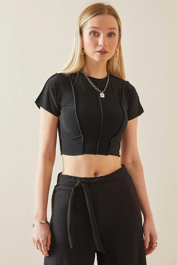 Black Bicycle Collar Stitch Detailed Lycra Crop Blouse BC241129 - Palaió Fáliro