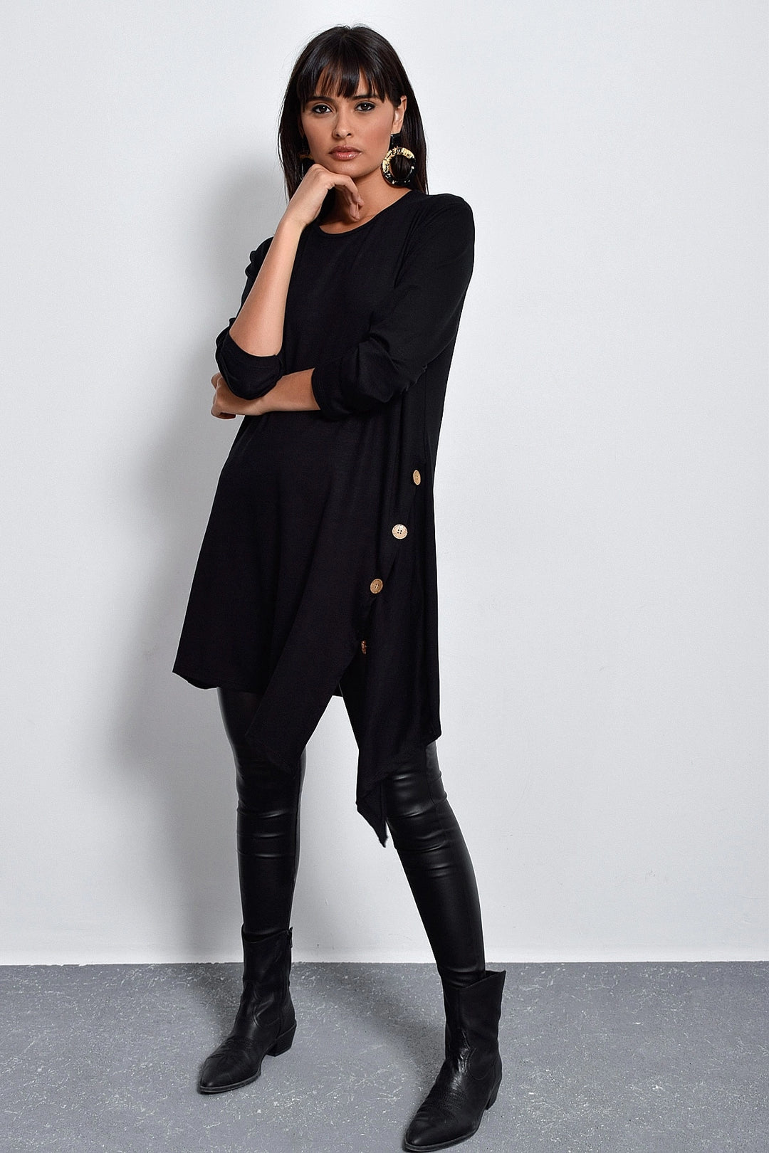 Black Bicycle Collar Button Detailed Long Tunic BCBSK-25700-K4593 - Villa Victoria