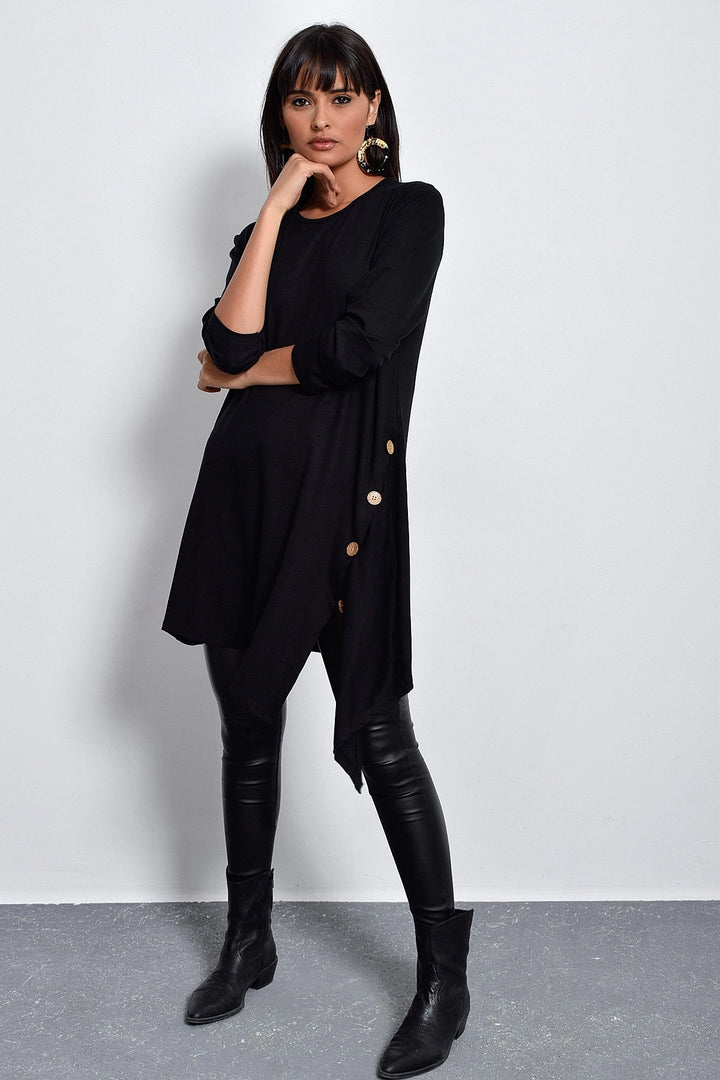Black Bicycle Collar Button Detailed Long Tunic BCBSK-25700-K4593 - Villa Victoria