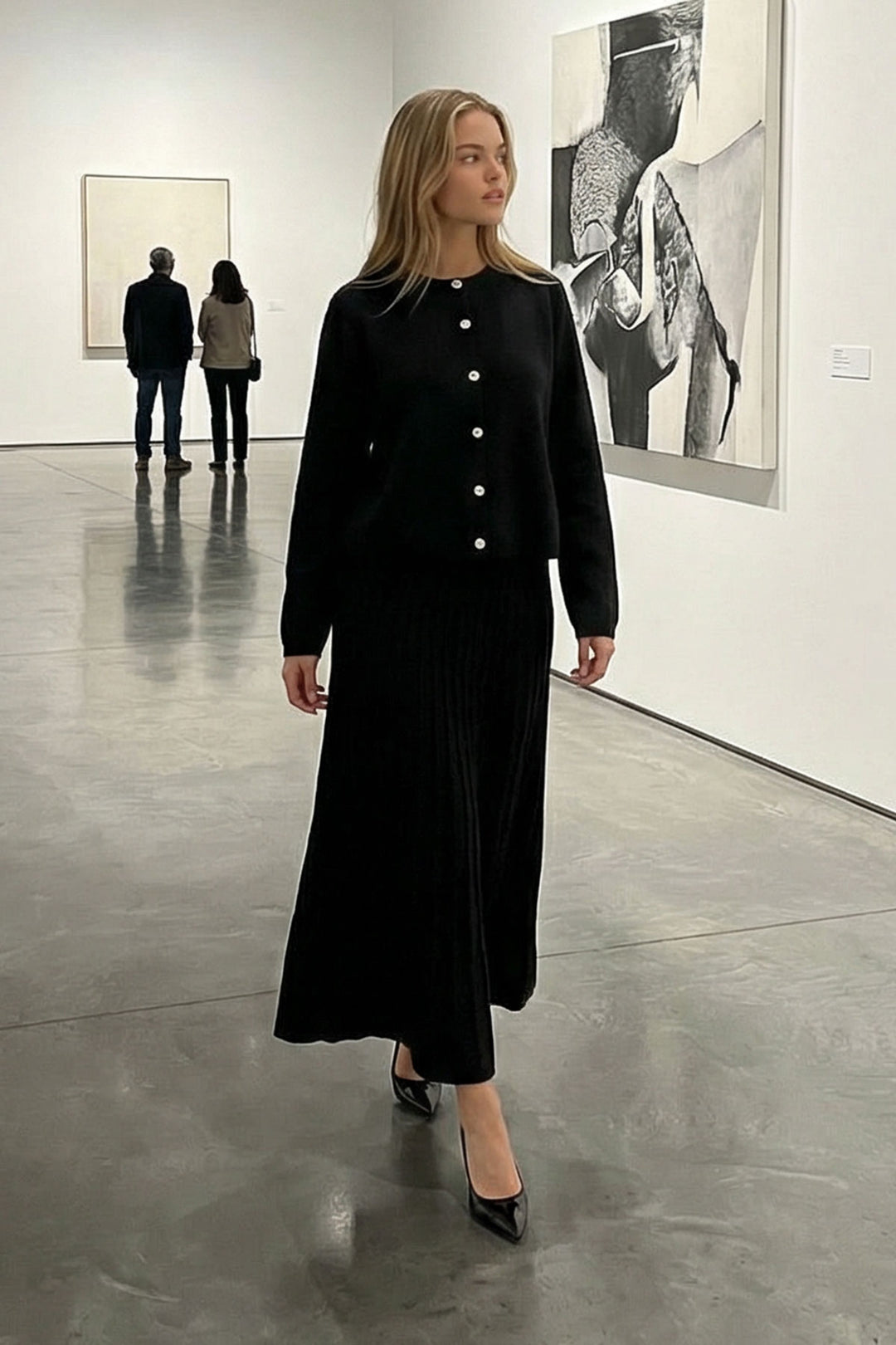 Black Bicycle Collar Buttoned Cardigan and Pleated Midi Skirt Set BCHPK-251252 - Lelystad