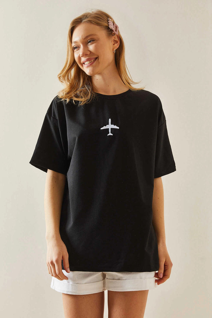 Black Bicycle Collar Two Thread Embroidered Oversize Cotton T-Shirt BC241120 - Winchester
