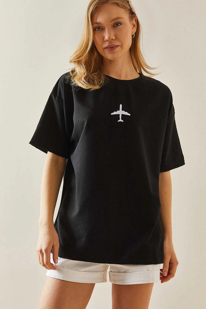 Black Bicycle Collar Two Thread Embroidered Oversize Cotton T-Shirt BC241120 - Winchester