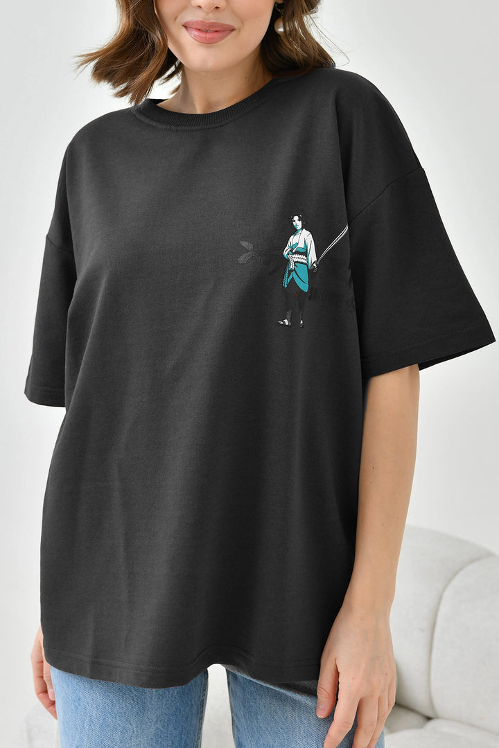 Black Bicycle Collar Two Thread Back Printed Oversize T-Shirt BC241126 - Umán