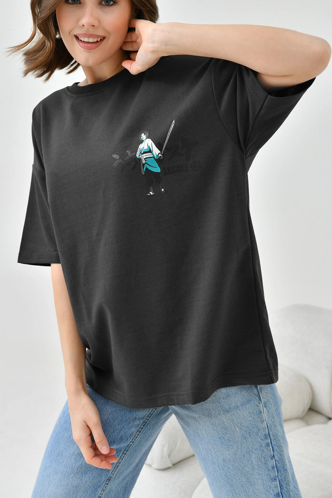 Black Bicycle Collar Two Thread Back Printed Oversize T-Shirt BC241126 - Umán