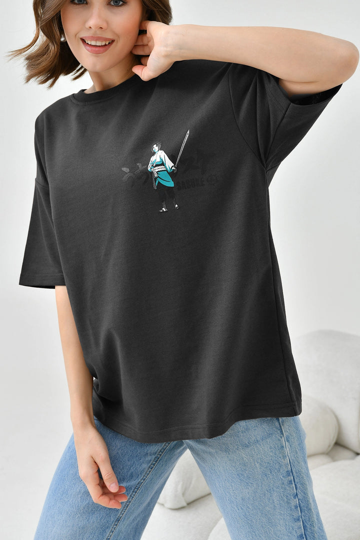 Black Bicycle Collar Two Thread Back Printed Oversize T-Shirt BC241126 - Umán