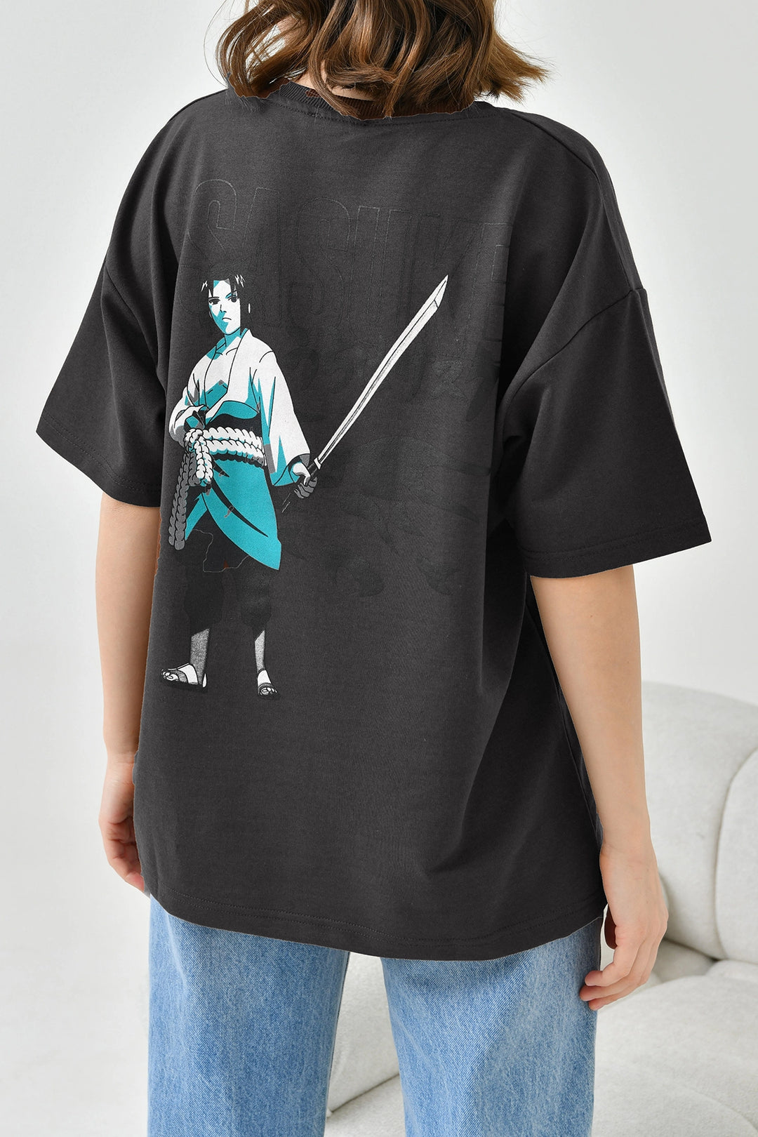 Black Bicycle Collar Two Thread Back Printed Oversize T-Shirt BC241126 - Umán