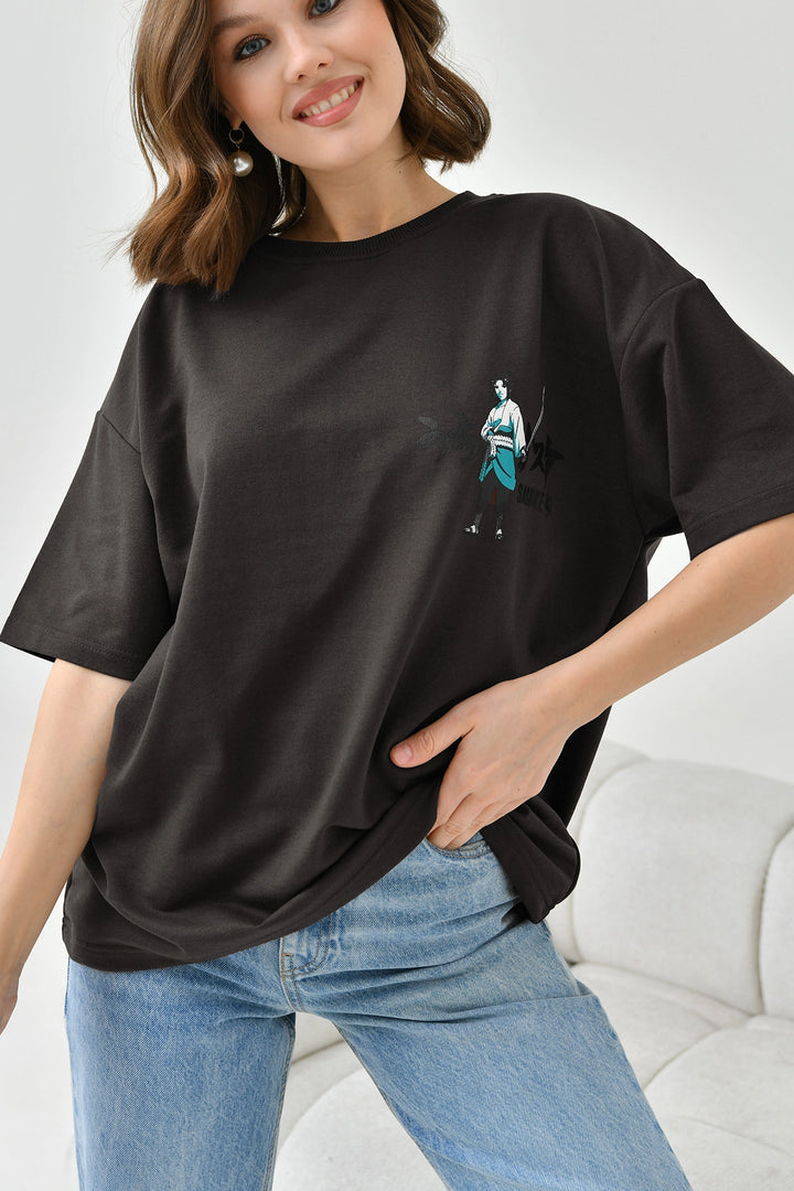 Black Bicycle Collar Two Thread Back Printed Oversize T-Shirt BC241126 - Umán