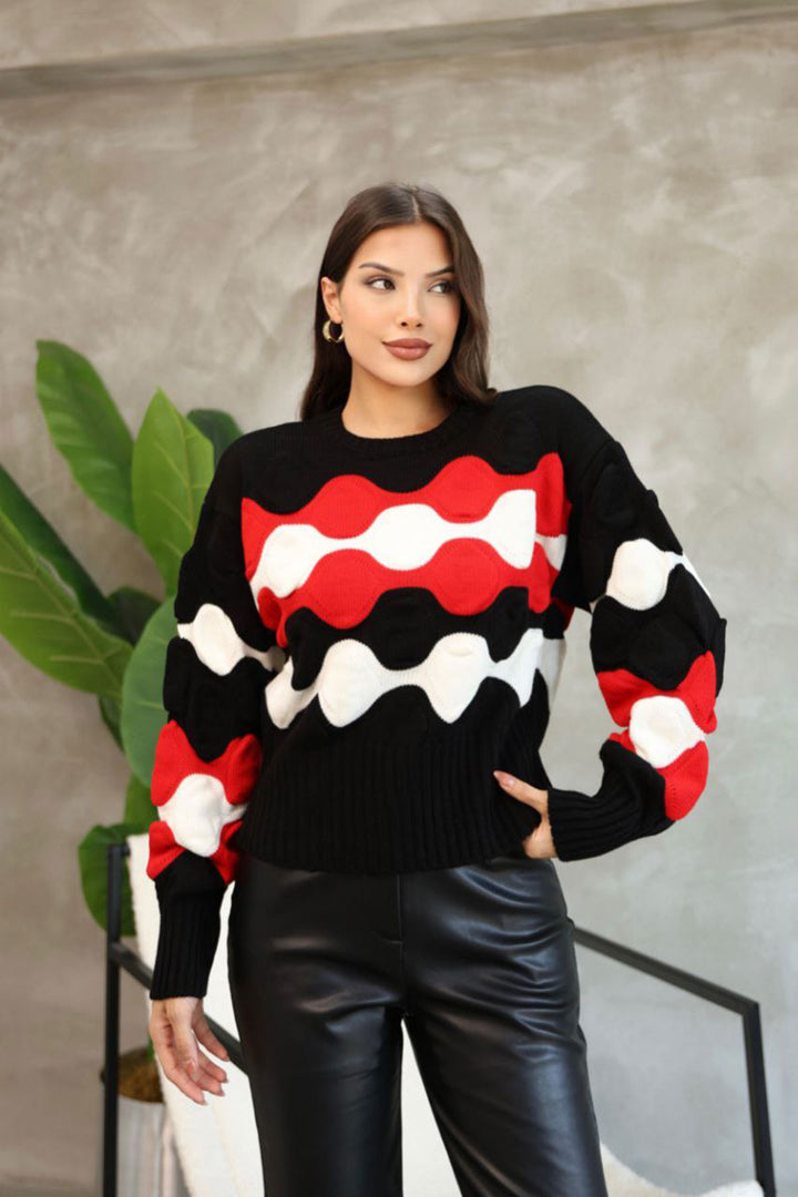 Black Bicycle Collar Embossed Patterned Sweater BCES-252034 - Aguadilla