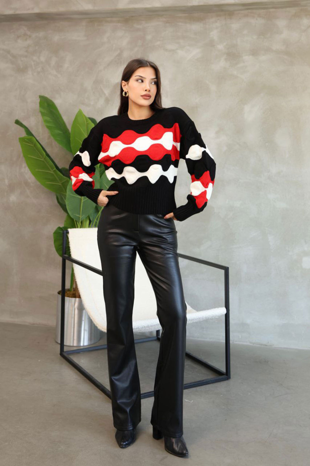Black Bicycle Collar Embossed Patterned Sweater BCES-252034 - Aguadilla