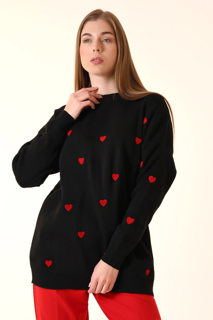 Black Bicycle Collar Heart Patterned Winter Sweater BCVL-T243150 - Vushtrri
