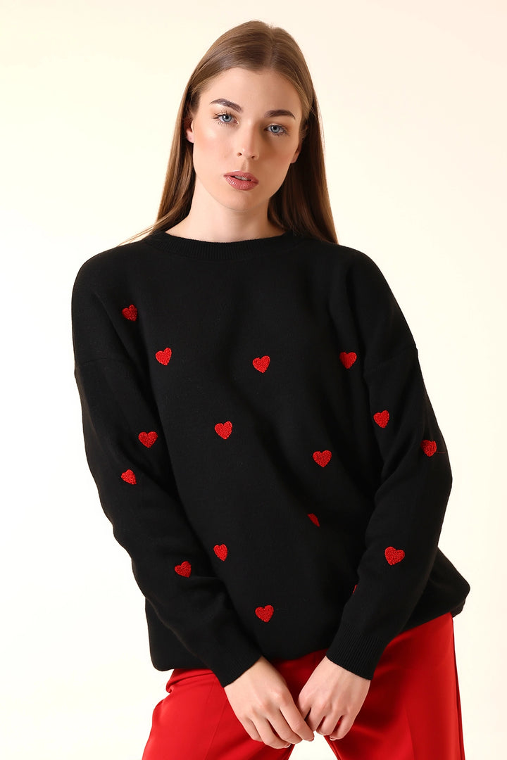 Black Bicycle Collar Heart Patterned Winter Sweater BCVL-T243150 - Vushtrri