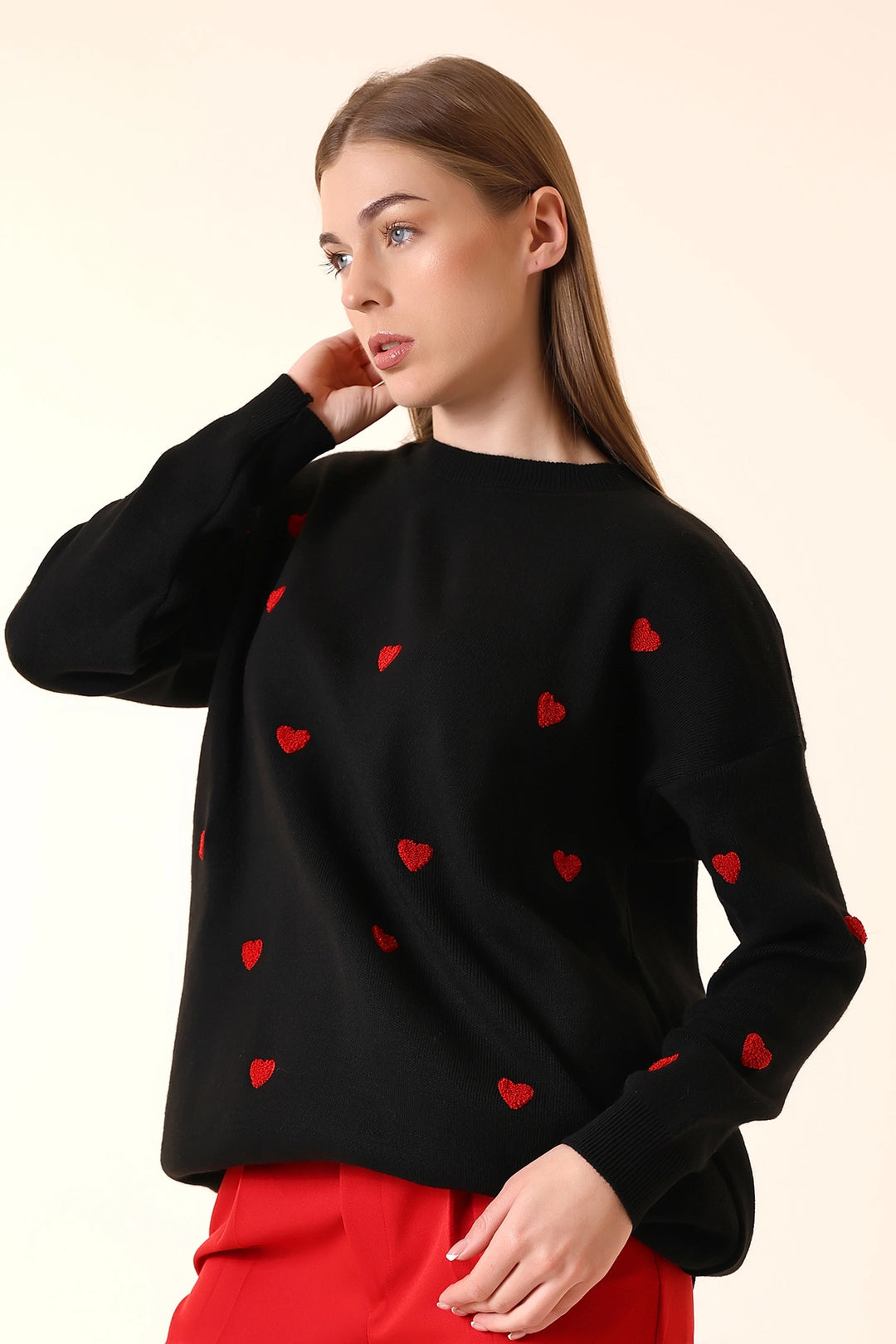 Black Bicycle Collar Heart Patterned Winter Sweater BCVL-T243150 - Vushtrri