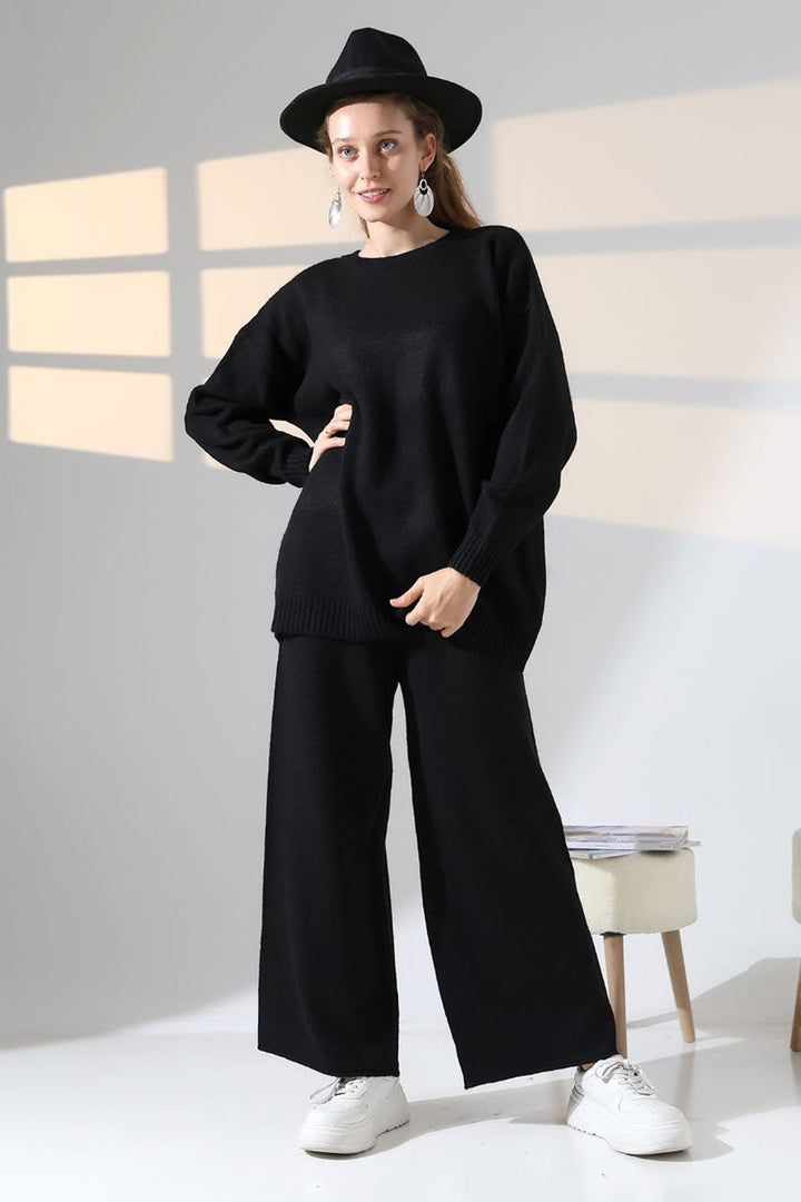 Black Bicycle Collar Sweater and Wide Leg Pants Top Bottom Knit Set BCES-252005 - Winsen