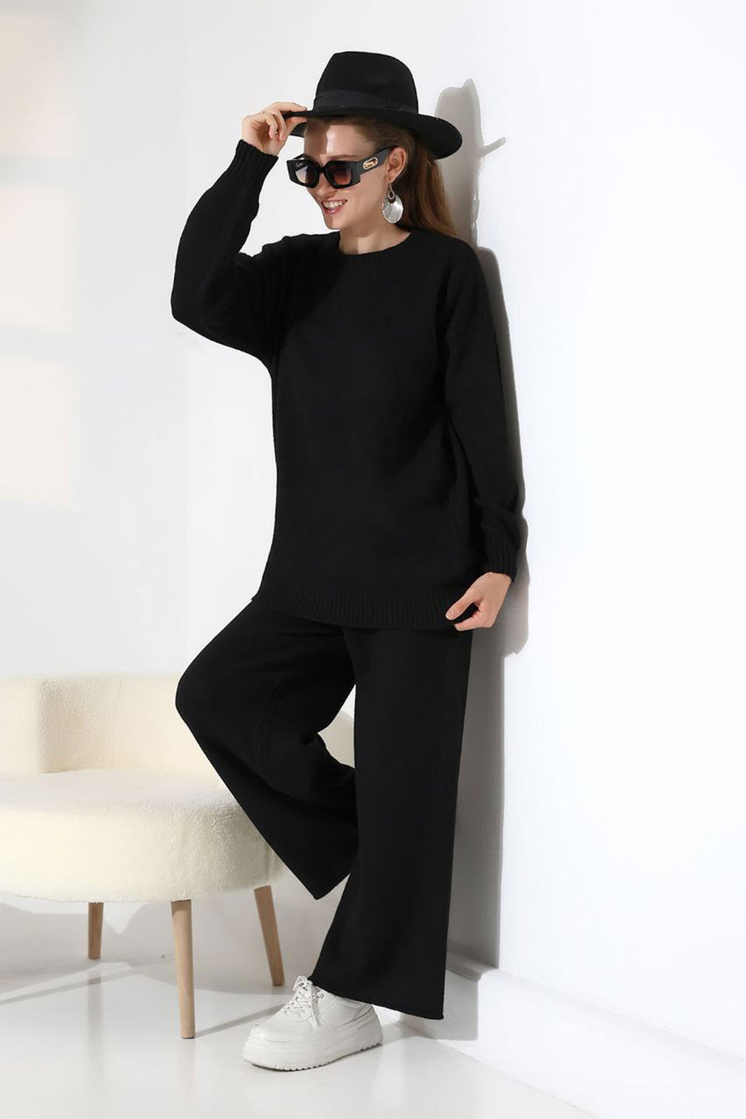 Black Bicycle Collar Sweater and Wide Leg Pants Top Bottom Knit Set BCES-252005 - Winsen