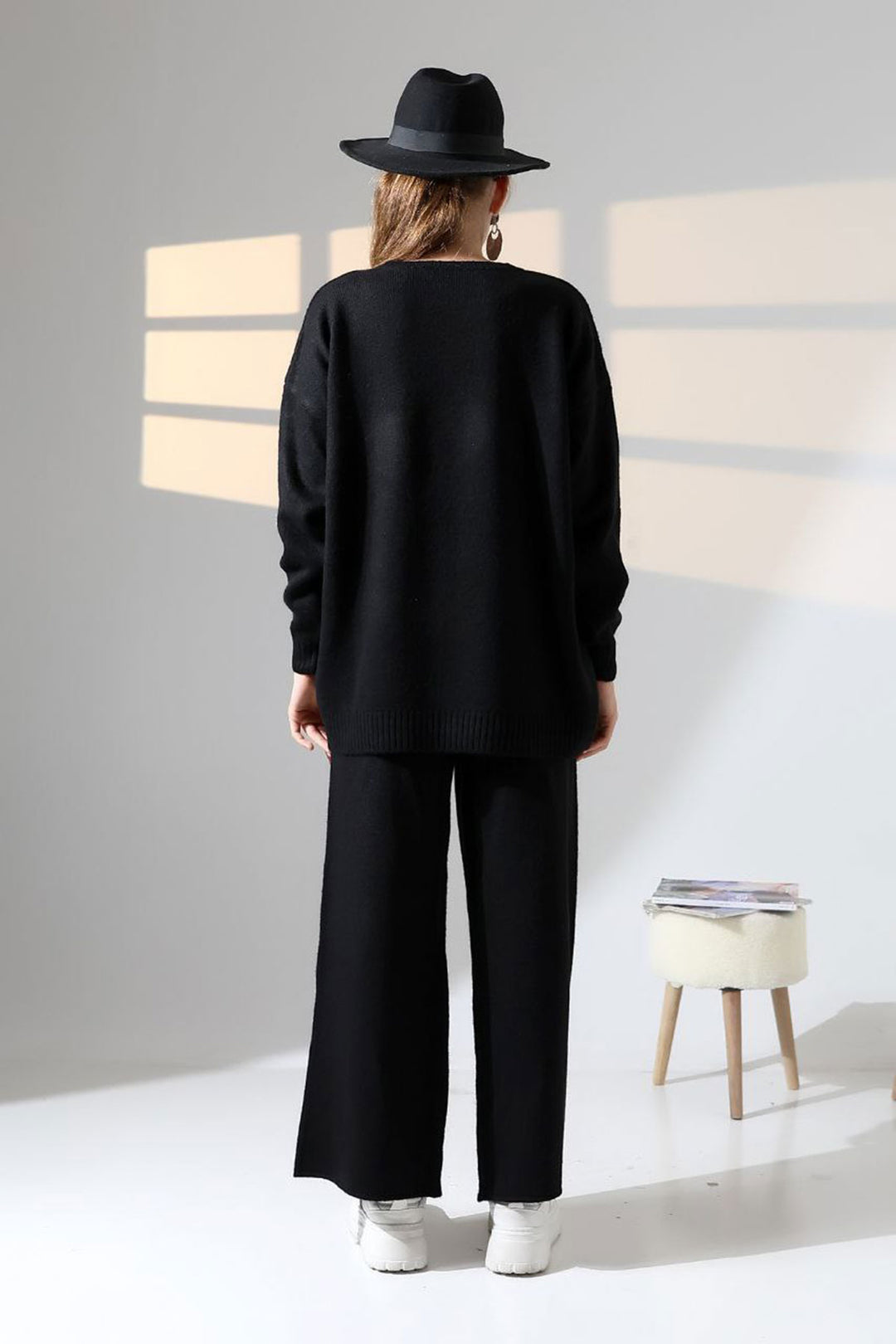 Black Bicycle Collar Sweater and Wide Leg Pants Top Bottom Knit Set BCES-252005 - Winsen