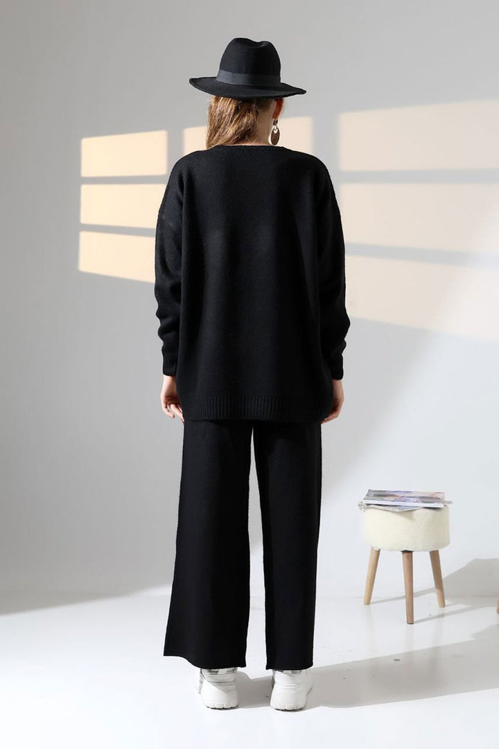 Black Bicycle Collar Sweater and Wide Leg Pants Top Bottom Knit Set BCES-252005 - Winsen