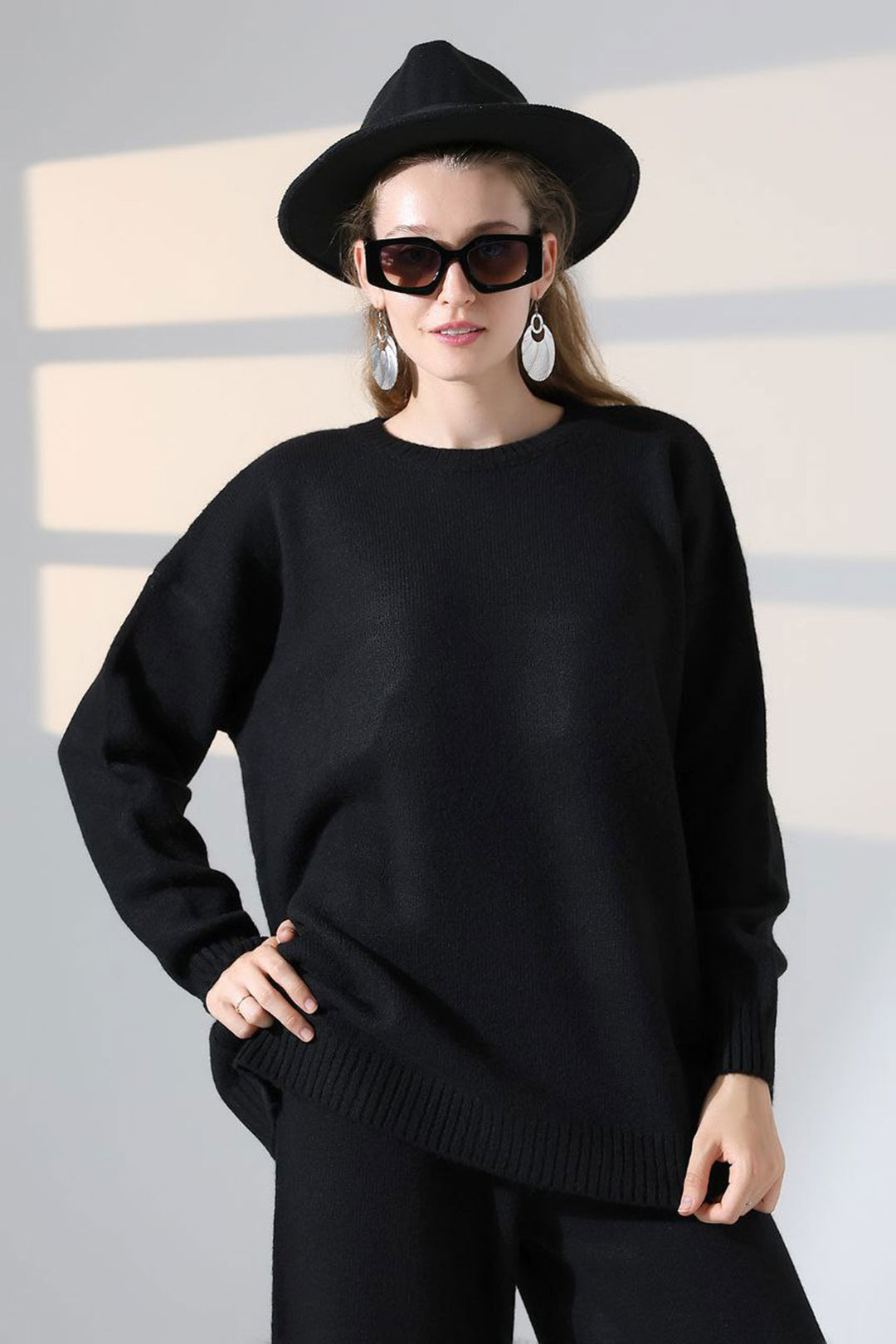 Black Bicycle Collar Sweater and Wide Leg Pants Top Bottom Knit Set BCES-252005 - Winsen