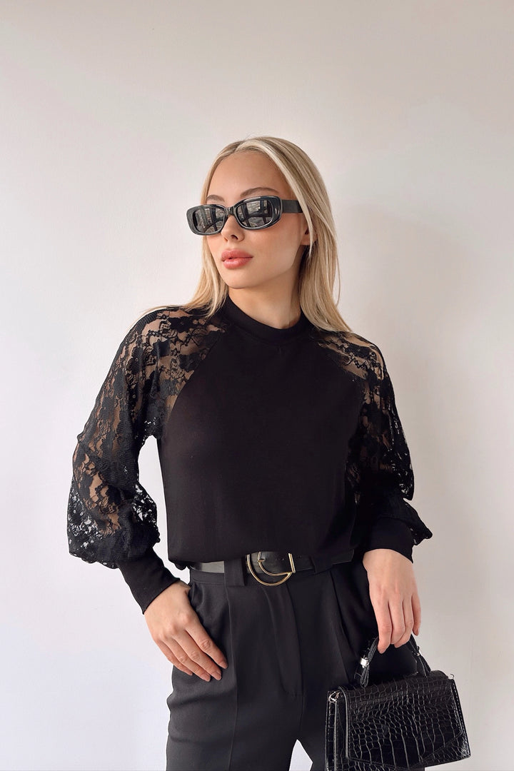 Black Bicycle Collar Lace Detailed Loose Fit Blouse BC231048 - Bolingbrook