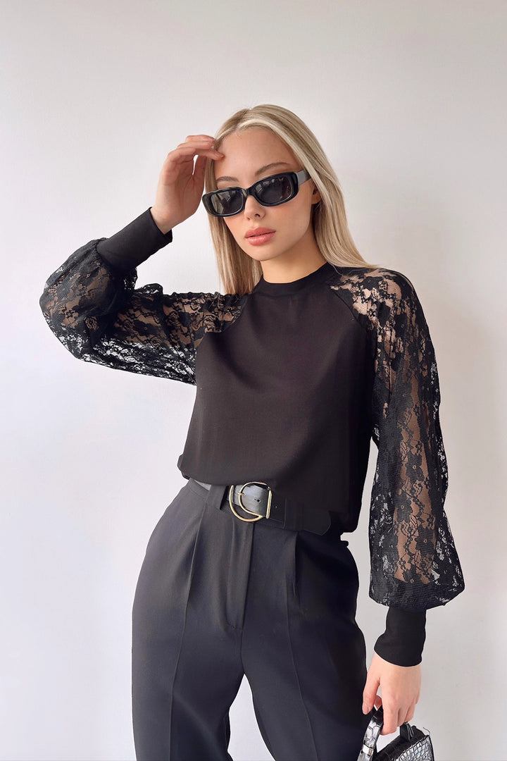 Black Bicycle Collar Lace Detailed Loose Fit Blouse BC231048 - Bolingbrook
