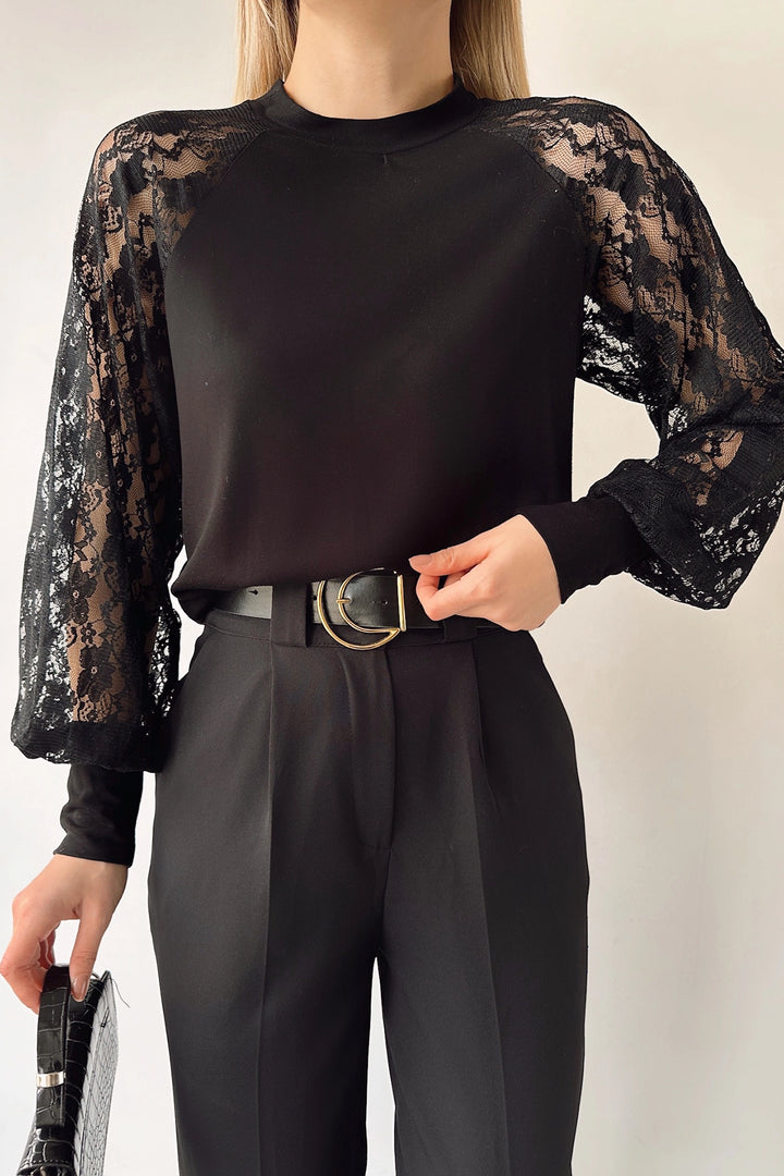 Black Bicycle Collar Lace Detailed Loose Fit Blouse BC231048 - Bolingbrook