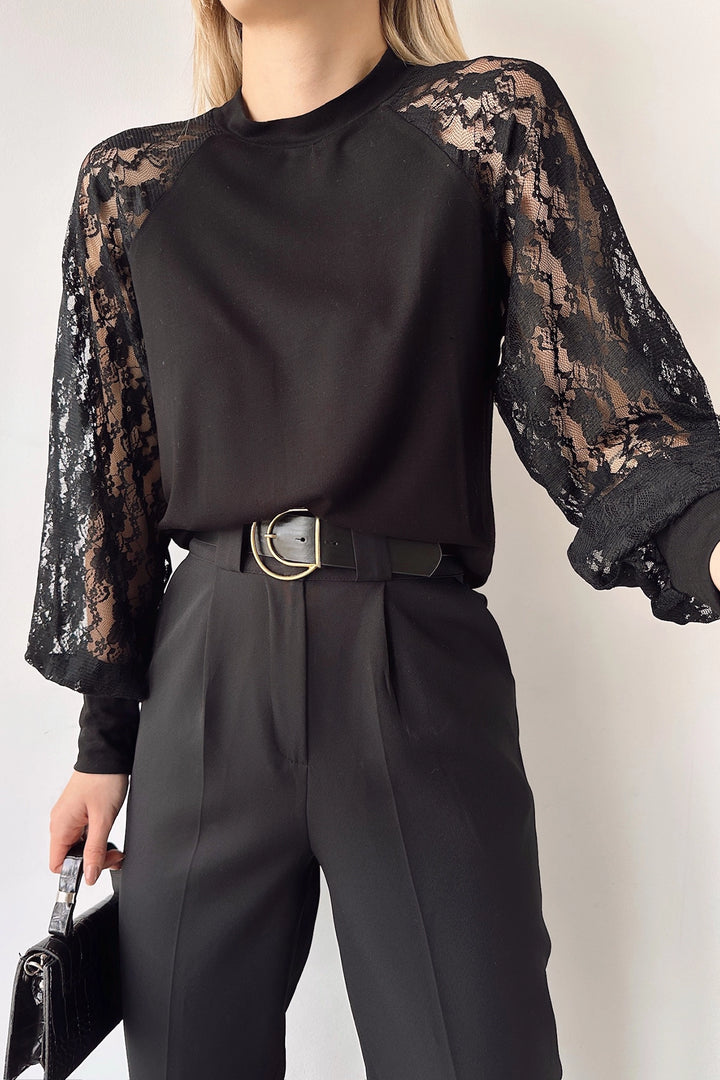 Black Bicycle Collar Lace Detailed Loose Fit Blouse BC231048 - Bolingbrook