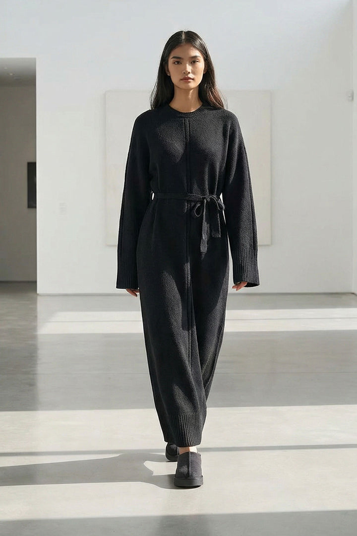 Black Bicycle Collar Belted Long Knit Dress BCHPK-251242 - Spalding