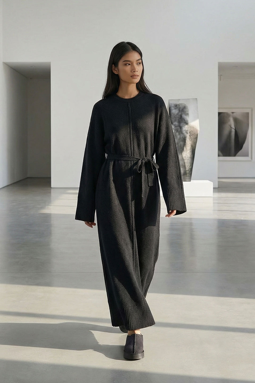 Black Bicycle Collar Belted Long Knit Dress BCHPK-251242 - Spalding