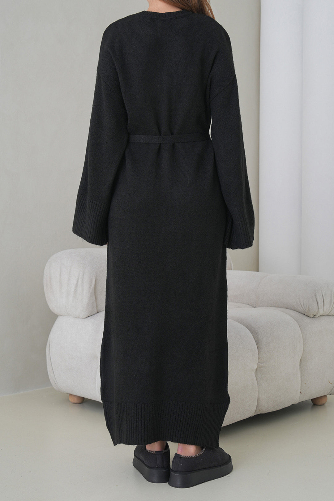 Black Bicycle Collar Belted Long Knit Dress BCHPK-251242 - Spalding