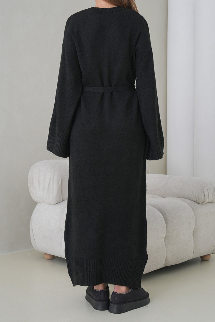 Black Bicycle Collar Belted Long Knit Dress BCHPK-251242 - Spalding