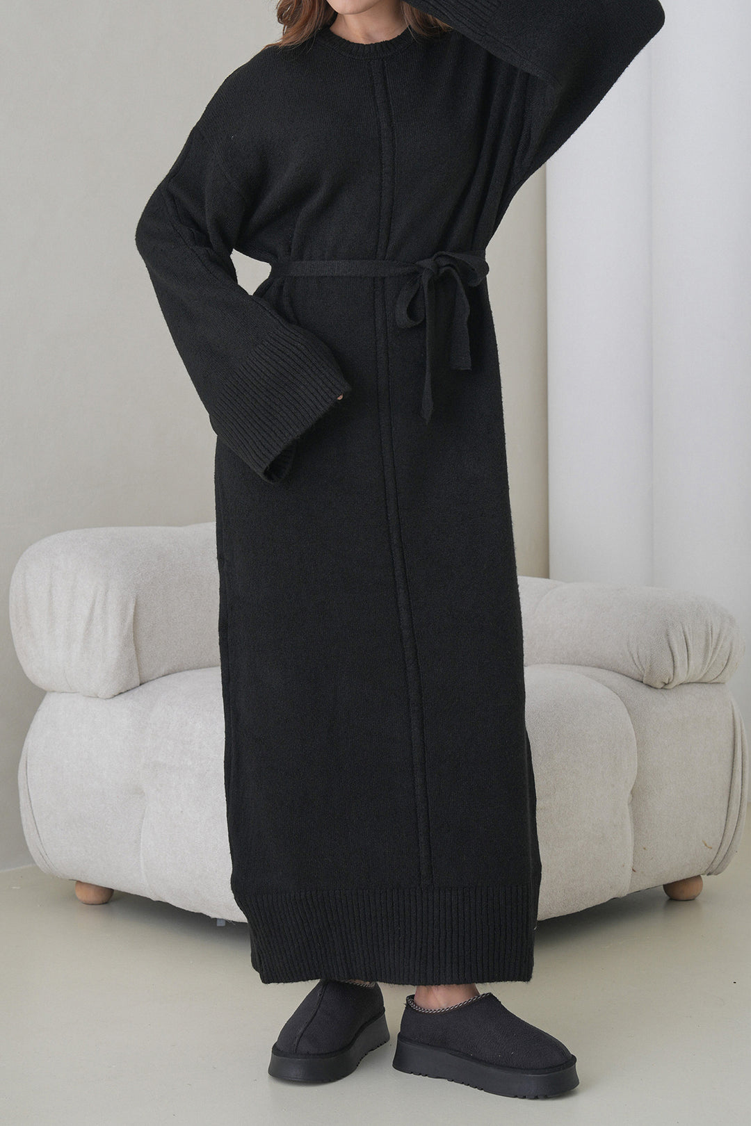 Black Bicycle Collar Belted Long Knit Dress BCHPK-251242 - Spalding