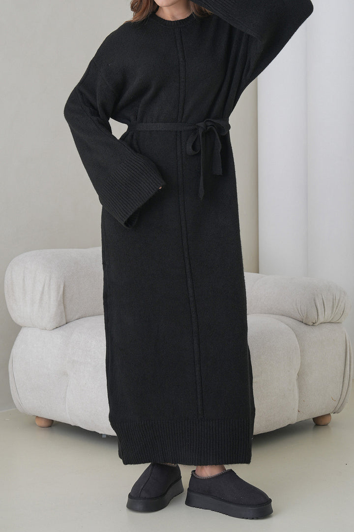 Black Bicycle Collar Belted Long Knit Dress BCHPK-251242 - Spalding