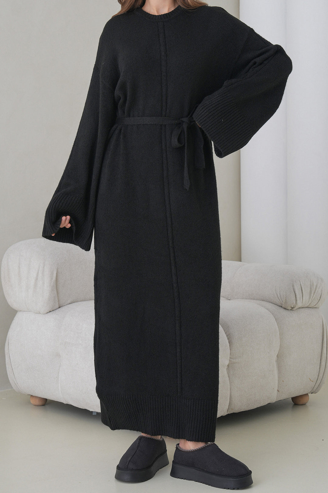 Black Bicycle Collar Belted Long Knit Dress BCHPK-251242 - Spalding
