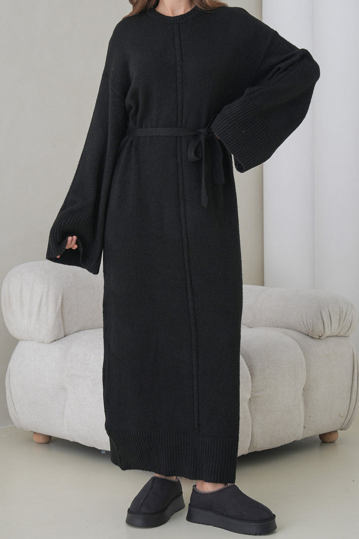 Black Bicycle Collar Belted Long Knit Dress BCHPK-251242 - Spalding
