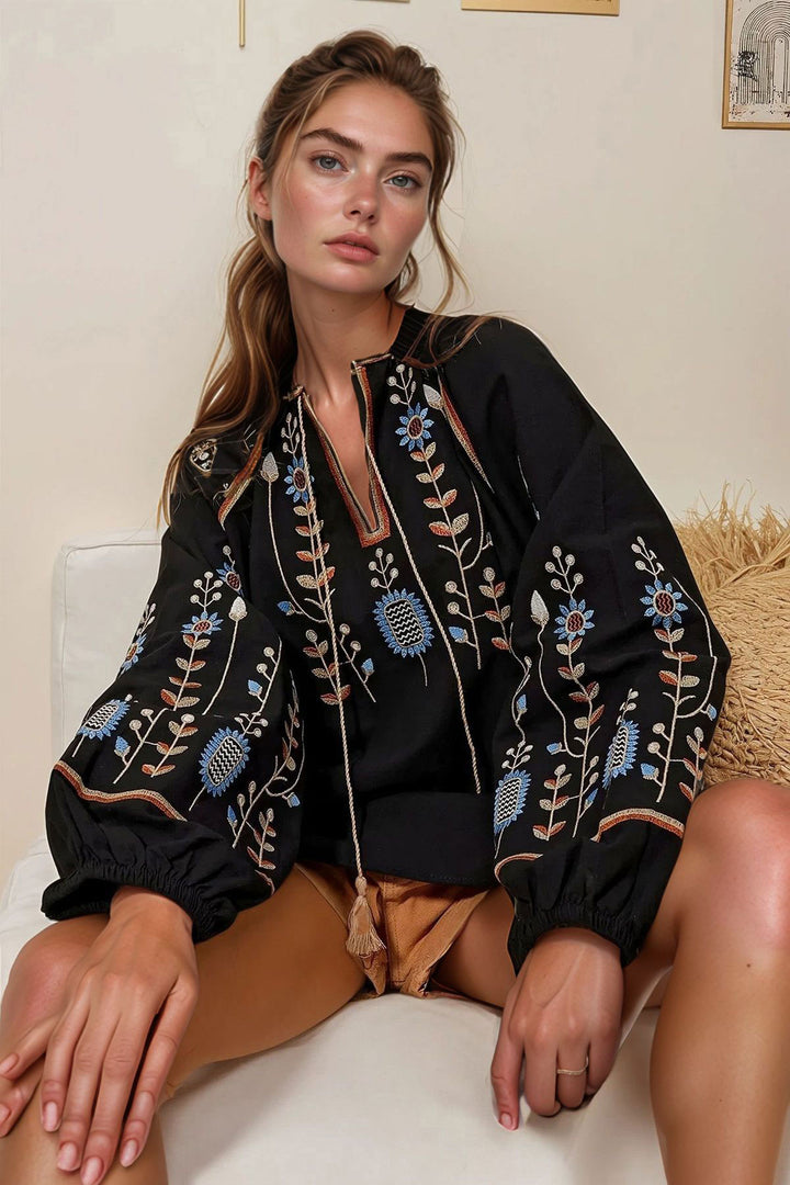 Black Bicycle Collar Front and Sleeves Embroidered Linen Woven Blouse BCHESQ-251004 - Saint-Malo
